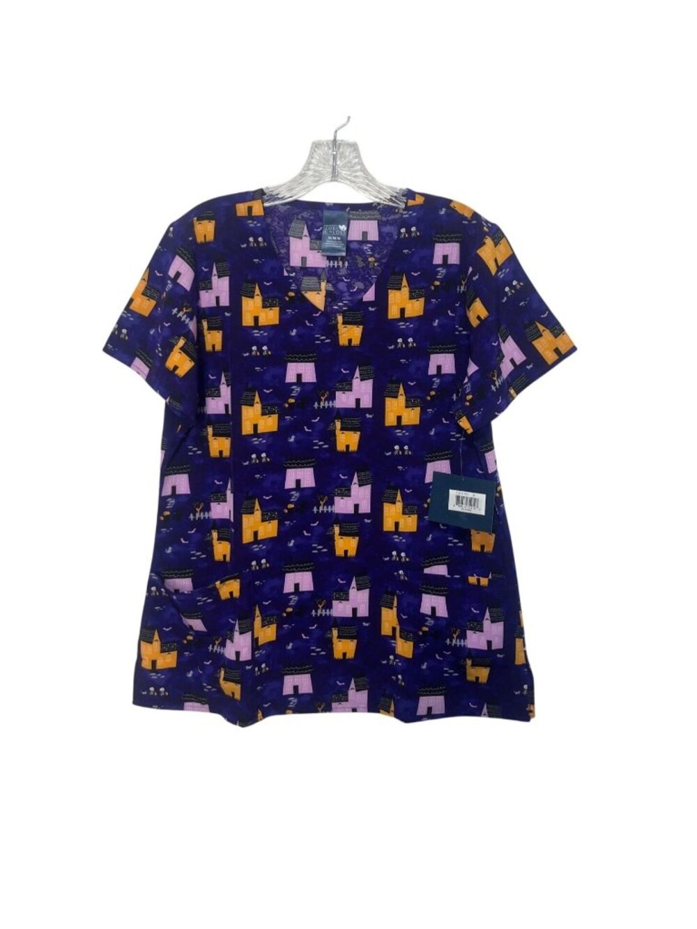 Zoe + Chloe Halloween Scrub Top Medium Purple New Haunted Houses Bats Medical